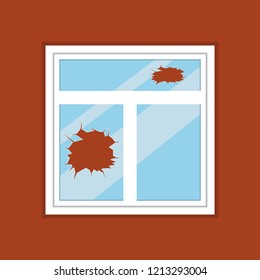 Window with broken glass on red brick wall. Simple cartoon vector illustration.