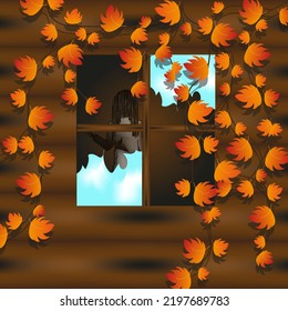 Window with broken glass in rustic wooden house and scary girl with grapes vine with beautiful autumn leaves. Halloween concept with window with light and ivy. Creative autumn picture.  