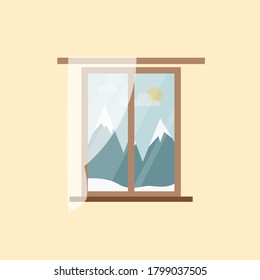 Window with brown frame, mountain winter landscape out of the window. Flat vector illustration. Interior and exterior element