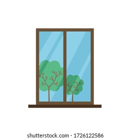 Window with brown frame and trees view flat vector illustration. Interior and exterior element. View of green trees from wooden window