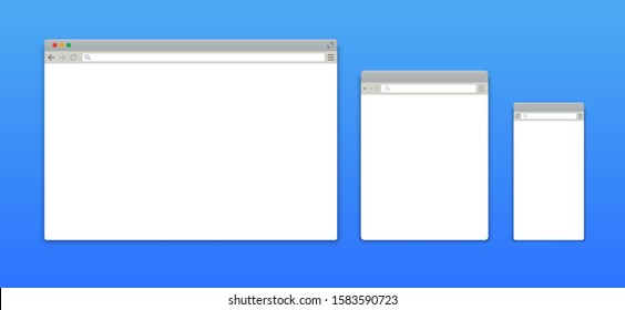 Window browser mockups. Vector website computer desktop screen devices empty page network row, flat simple web page toolbar tab mobile monitor pc laptop tablet template