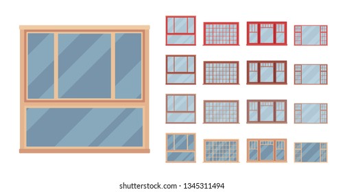 Window for building fitted with glass in a frame. Awning modern look set. Home and office design for residential project. Vector flat style cartoon illustration isolated on white background