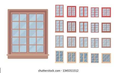 Window for building fitted with glass in a frame. Georgian sash classic set with panes. Home, office design for residential project. Vector flat style cartoon illustration isolated on white background