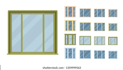 Window for building fitted with glass in a frame. Bay panoramic set with casement. Home and office design for residential project. Vector flat style cartoon illustration isolated on white background