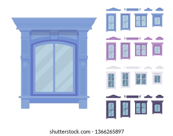 Window for building fitted with glass in frame. Classic ornamented set. Home, office design for residential project and architecture. Vector flat style cartoon illustration isolated, white background