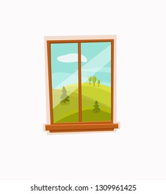 Window cartoon colorful vector illustration with valley summer sun landscape with road, trees green field. House apartment entrance corridor flat design. Home exit interior view freedom concept.