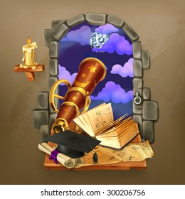 Window in the castle, magic and astrology vector illustration