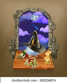 Window in the castle, magic and astrology vector illustration