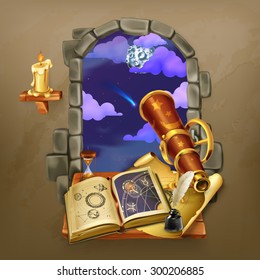 Window in the castle, magic and astrology vector illustration