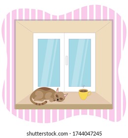 Window and cat. Cup of coffee. Vector Illustration for backgrounds, covers, packaging, greeting cards, posters, stickers, textile, seasonal design. Isolated on white background.