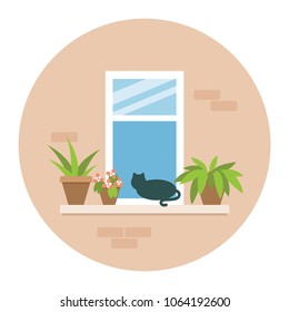 Window with cat and flower pots building facade flat vector icon