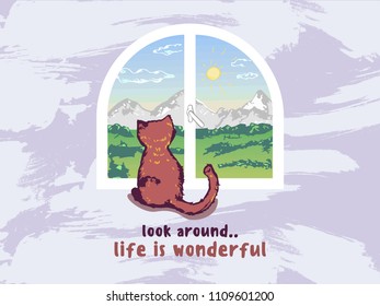Window and cat illustration - vector background, cat sitting on the windowsill. 
Print, poster, postcard, banner.