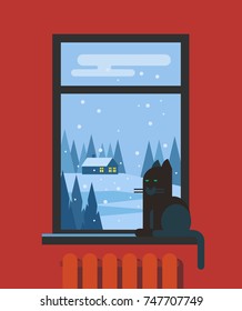 Window with cat and view of the landscape. Vector flat