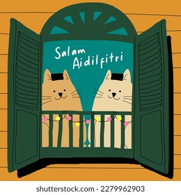 window and cats hari raya greetings design template with malay words that mean 'blessed aidilfitri'