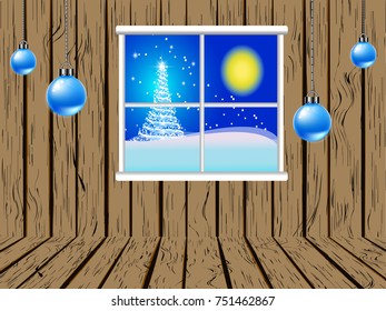 window and christmas ball in wood house,christmas tree and full moon outside room