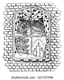 Window of Christmas house with decorations, brick wall with window, new year tree and candles, hand drawn black and white illustration