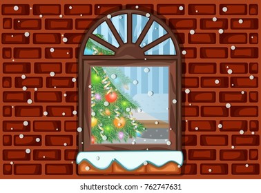 Window And Christmas Tree With Wall Background For Merry Christmas And Happy New Year Vector Illustration