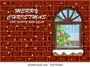 Window and christmas tree with wall background for merry christmas and happy new year vector illustration