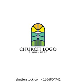 window Church logo design template, Christian church cross colorful icon. Religious or vintage symbol.