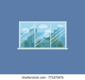Window with city landscape and trees view outside. Colorful vector illustration element for interior design.