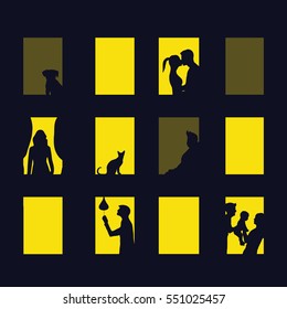 window city at night. Vector illustration of apartment blocks with windows, in which the gap silhouettes of people, girls, boys, baby, cat, dog. concept diversity different  of life