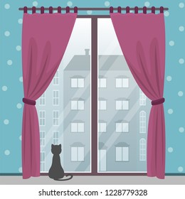 Window with city view in a cozy room with a cat. Vector flat illustration.
