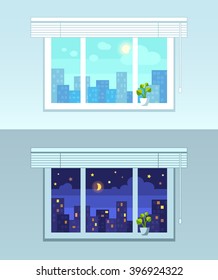 Window And City View.  Night And Day Versions. Flat Style Vector Illustration.