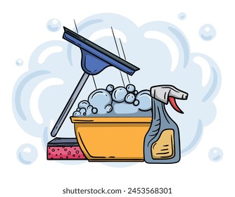 Window cleaner ad. 3d realistic illustration of handy plastic trigger spray bottle and clean window. Window cleaning detergent promo poster design template.