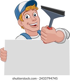 A window cleaner or car wash cleaning cartoon mascot man holding a squeegee washing tool