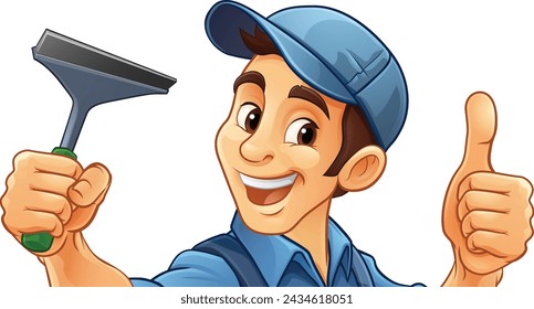 A window cleaner or car wash cleaning cartoon mascot man holding a squeegee washing tool