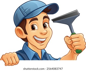 A window cleaner or car wash cleaning cartoon mascot man holding a squeegee washing tool