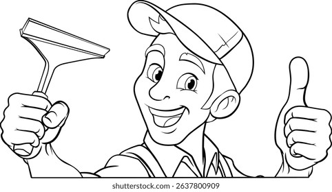 A window cleaner or car wash cleaning cartoon mascot man holding a squeegee washing tool