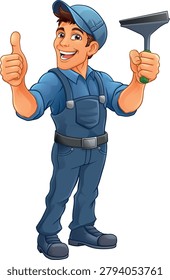 A window cleaner or car wash cleaning cartoon mascot man holding a squeegee washing tool