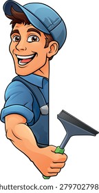A window cleaner or car wash cleaning cartoon mascot man holding a squeegee washing tool