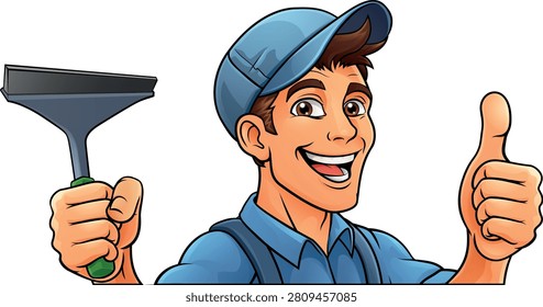 A window cleaner or car wash cleaning cartoon mascot man holding a squeegee washing tool