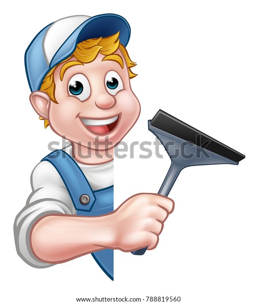 Window Cleaner Cartoon Character Holding Squeegee Stock Vector (Royalty