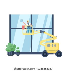 Window Cleaner Flat Color Vector Faceless Character. Janitor On Lift Washing Building Exterior Isolated Cartoon Illustration For Web Graphic Design And Animation. Commercial Janitorial Service