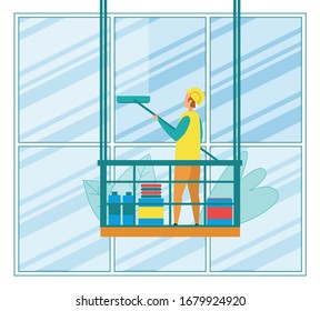 Window Cleaner in Gondola. Worker Wash Window on Outer House Wall Standing in Cradle. Man Washer Cleaning High Office Building Using Squeegee. Housekeeping Service. Cartoon Flat Vector Illustration.