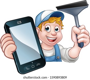 A window cleaner holding a phone with copyspace