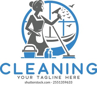 Window Cleaner Lady Design Template, Minimalist Cleaning Service Logo with Maid Icon, Housemaid Illustration with Window Cleaning Tools