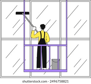 Window cleaner man. Young guy in uniform with scraper washes windows and building facade. Cleanliness and hygiene. Cleaner works at height. Linear vector illustration isolated on white background