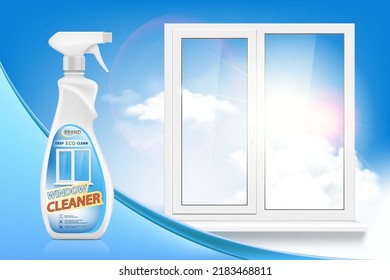 Afiche promocional del limpiador de ventanas. Pulverizador de frasco con detergente cerca de una ventana limpia. Ilustración del vector