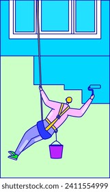 Window cleaner suspended with harness painting wall. Worker with equipment doing maintenance vector illustration.