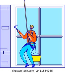 Limpiador de ventanas con uniforme con apretón y cubo. Ventana de lavado profesional de los trabajadores del servicio de limpieza. Limpieza y mantenimiento, empleo y ocupación ilustraciones vectoriales.