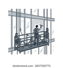Window cleaner worker on suspended scaffold platform icon.