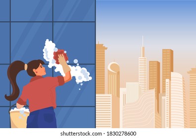 Window Cleaner at Working. Industrial mountaineering. Cheerful woman cleaning service washes the windows of a business building on the background of the city. Housekeeping company staff.