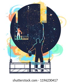 Window cleaners wash universe, surreal tattoo watercolor splashes style. Symbol of clarification, psychology, creative art. People clean Universe, workers washing windows t-shirt design 