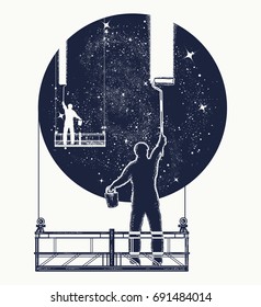 Window cleaners wash universe, surreal tattoo. Symbol of clarification, psychology, creative art. People clean Universe, workers washing windows t-shirt design 