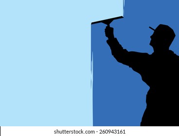 Window Cleaning Background. Man washing windows with squeegee