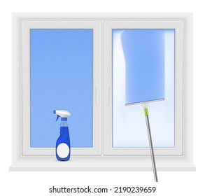 Window cleaning blue detergent spraying squeegee realistic vector illustration. Household laundered rubber brush tidy stripes with foamy bubbles dirt remove spring seasonal washing. Routine housework